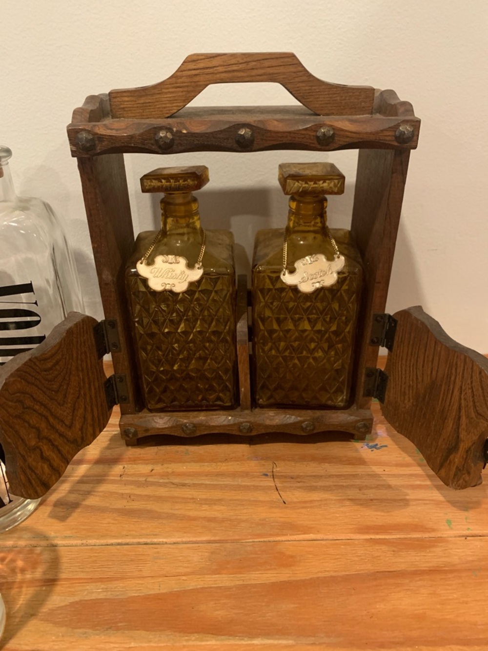 Vintage Mid century modern decanter set in wood carrier